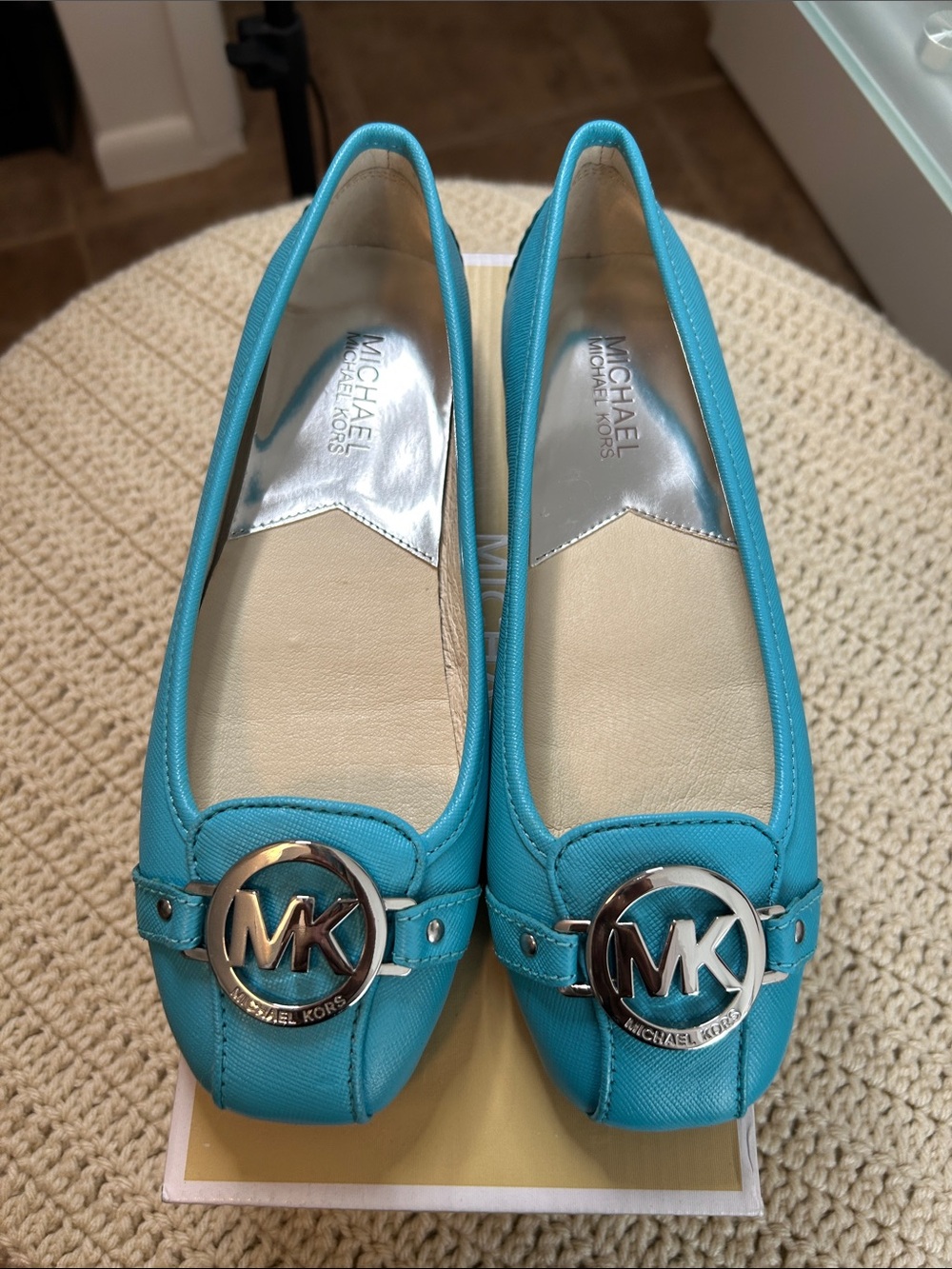 Michael Kors Turquoise MK Logo Leather Ballet Flats